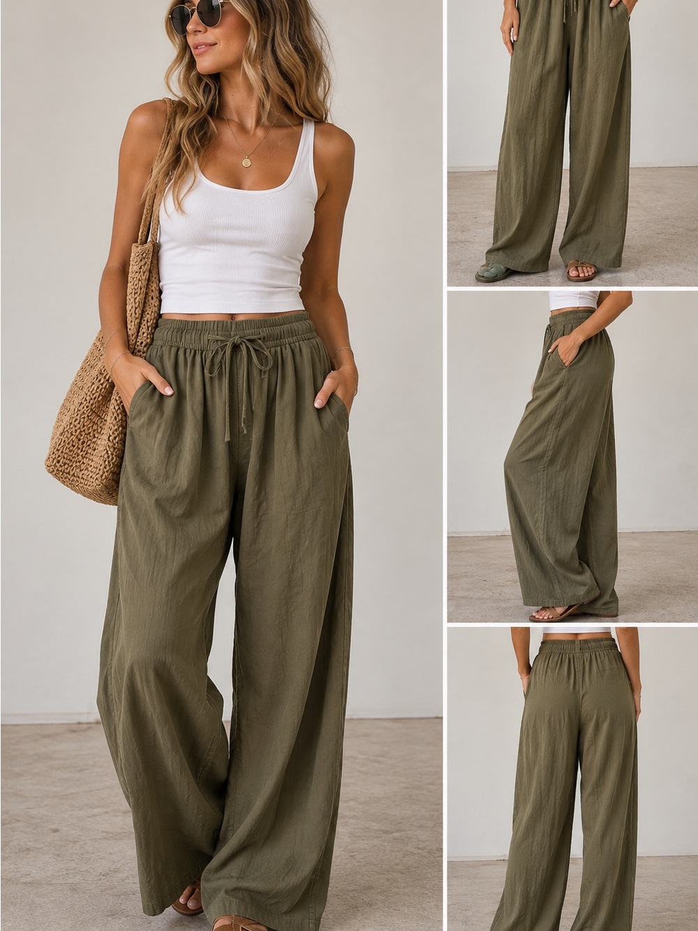 Princess Polly Olive Green Relaxed Wide Leg Drawstring Pants US 4